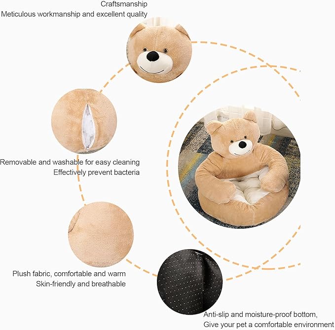 Dog Sofas & Chairs, pet Shape Sofa, Slip Resistant Dog cat Furniture, Adorable Bear Shaped Pet Sofa Bed, Washable Dog cat Couch, Plush Soft Couch for Dogs and Cats S(bottomDiameter46cm) Khaki+mat