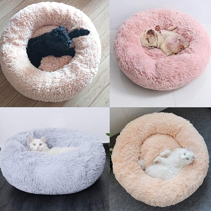 huraty Plush Calming Dog Bed, Faux Fur Donut Cuddler Bed for Cats, Anti-Skid & Anti-Anxiety, 20 Inch for Puppy and Kitties, Khaki, S