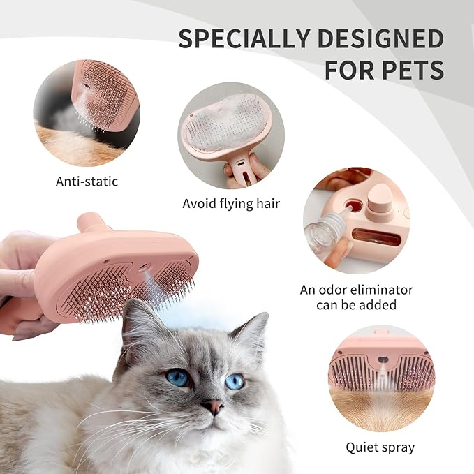 3-in-1 Steam Brush with Release Button and Tank, Anti-Static Pet Brush for Long and Short Hair - Removes Tangles and Loose Hair (Pink)