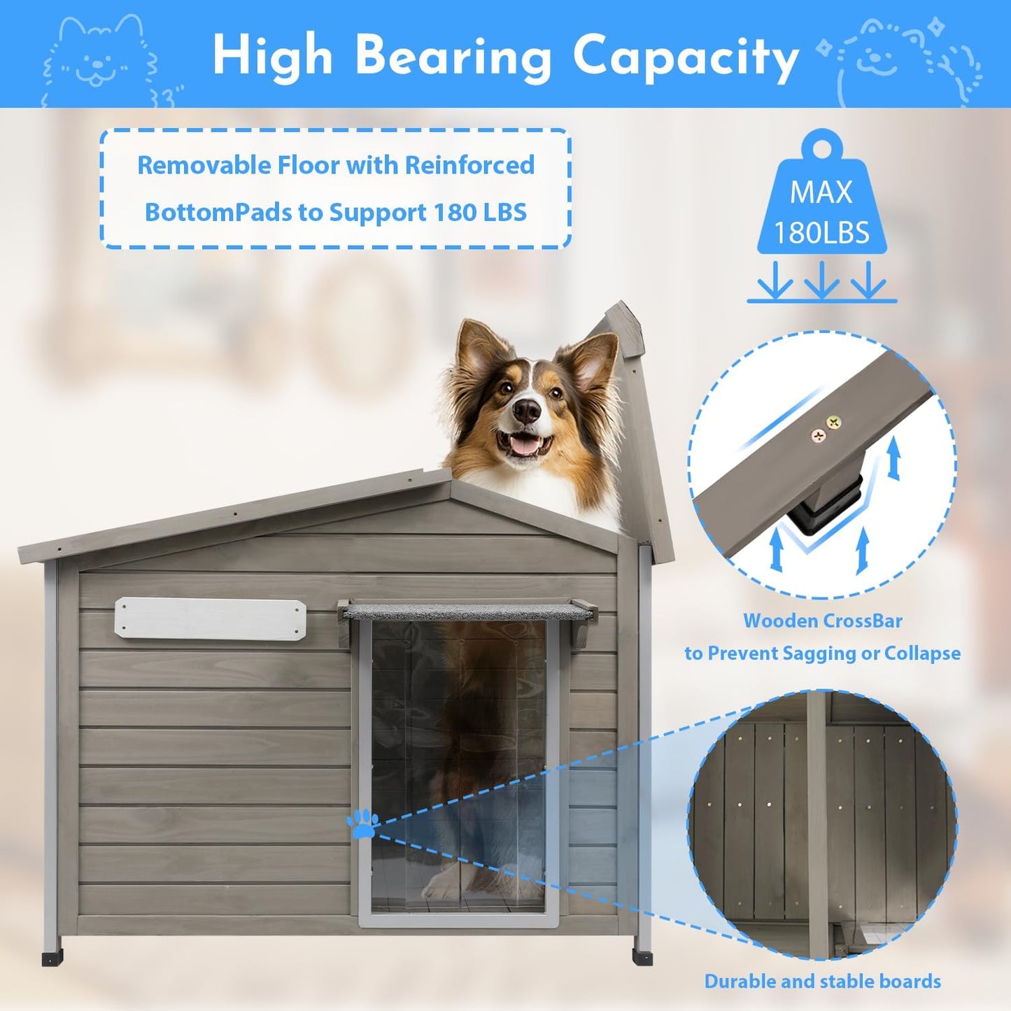 Outdoor Dog House Weatherproof Large Wooden Dog Kennel Indoor for Small Dogs with Chew-Proof Frame, Oxford Fabric Window, Removable Floor Pet Shelter (Grey, 40.1" D x 26.4" W x 28" H)