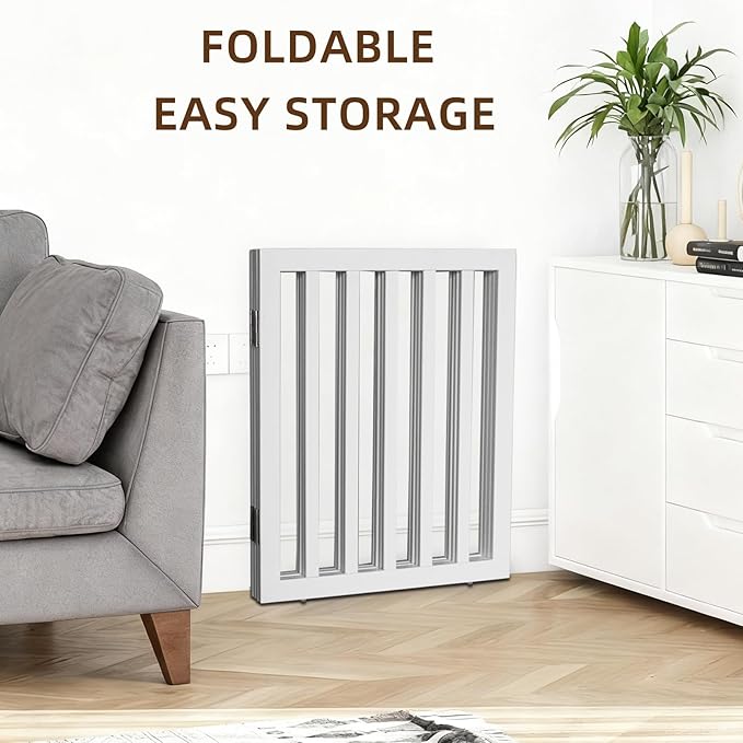ZJSF Freestanding Indoor Dog Gate for House Foldable Wood White Puppy Gate for Doorways Pet Gate for Stairs Extra Wide Pet Fence 32" Height 4 Panels