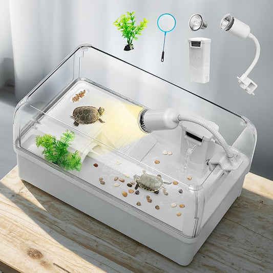 AZV Turtle Tank Habitat Kit,Complete Aquatic Tortoise Starter Enclosure with Filter,Basking Platform with Hideout,Multi-Function Area,Drainage,Plants and Lamps,Perfect for Red Eared Slider Aquarium