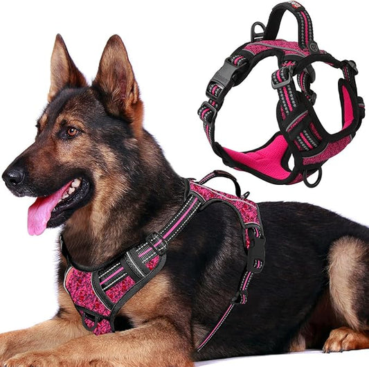 BARKBAY Dog Harness No Pull with ID Tag Pocket - Heavy Duty, Reflective, Easy Control for Large Dogs(Pink/Black,XL)
