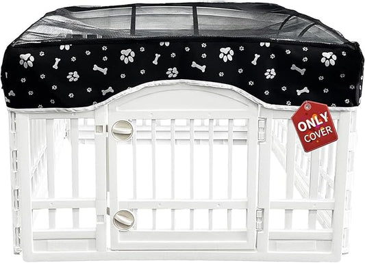 PJYuCien Dog Playpen Mesh Top Cover, Fits 36 Inch 4 Panels Regular Square Plastic Exercise Pet Pen, Adhesive Tape Connections, Black paw (Note: Cover Only, Fence Not Included)