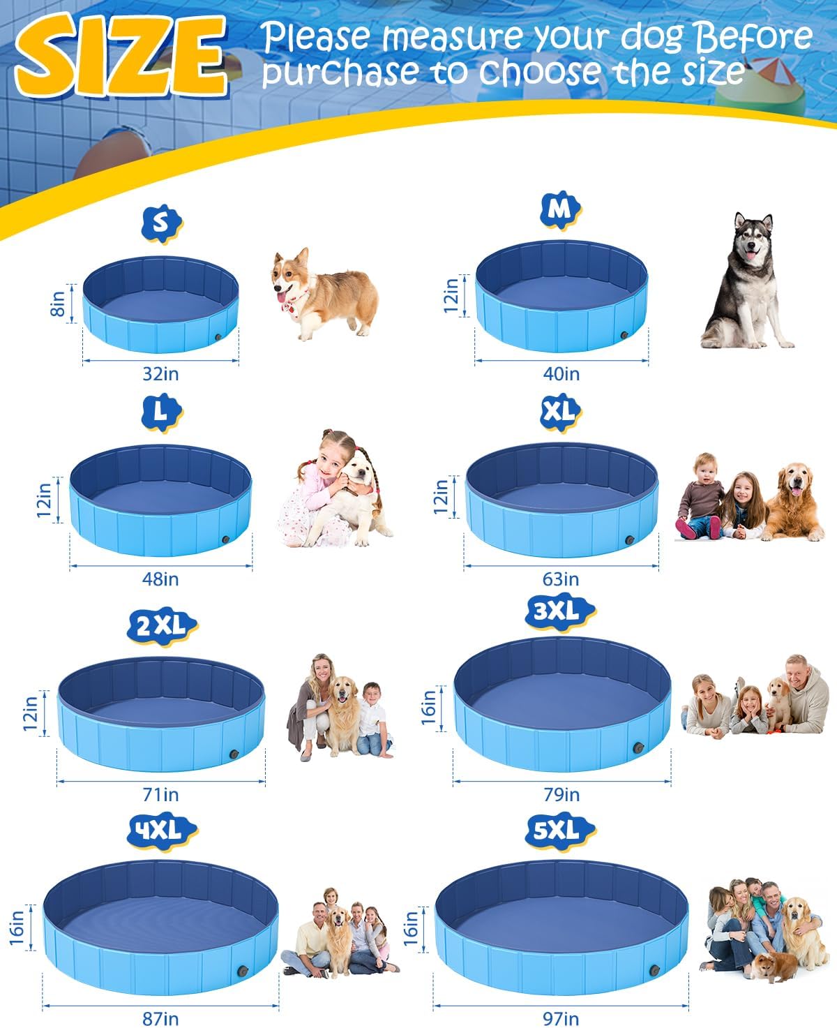 YSJILIDE Portable Dog Pool PVC Pet Swimming Pool Bathtub Collapsible Dog Pool, Hard Plastic Pool for Pets to Swim and Bath (L-64"x 12" Blue)