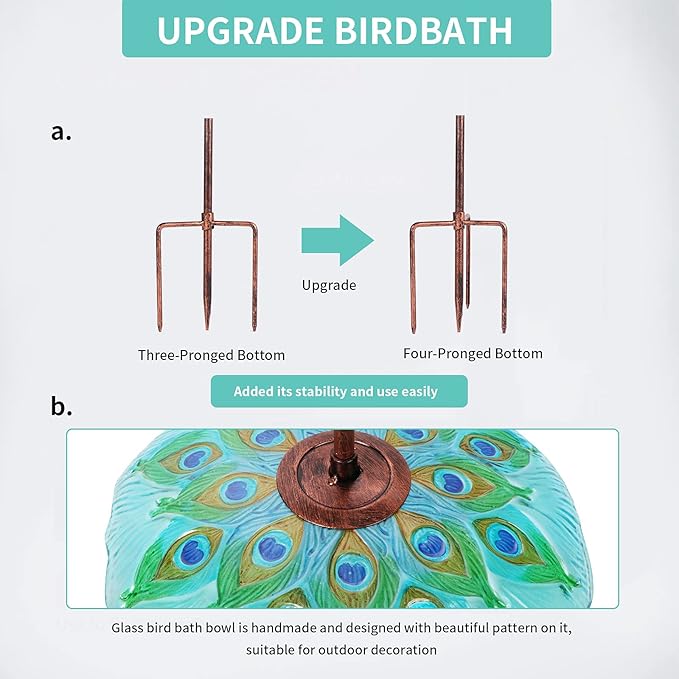 MUMTOP Glass Bird Bath, Garden Outdoor Birdbaths Birdfeeder with Metal Stake Peacock