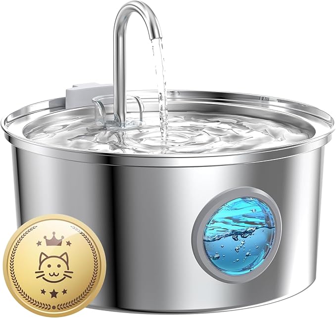 Stainless Steel Pet Water Fountain: 108oz/3.2L Cat Fountains with Led Light - Metal Bowl