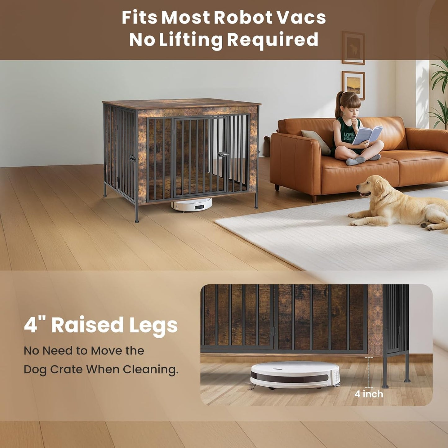 Dog Crate Furniture 40" Sturdy Heavy Duty Dog Kennel Solid Metal Tube Thick Wooden with 3 Lockable Doors Single Dog Cage Large Breed as TV Stand End Table for Large Dog Rustic Brown