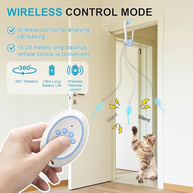 Cat Toy, Upgraded Smart Interactive Cat Toys with Remote Control, USB Rechargeable Door Hanging Retractable Kitten Toy for Self Play, Teaser Electronic Feather Cat String with 3 Plush Mice