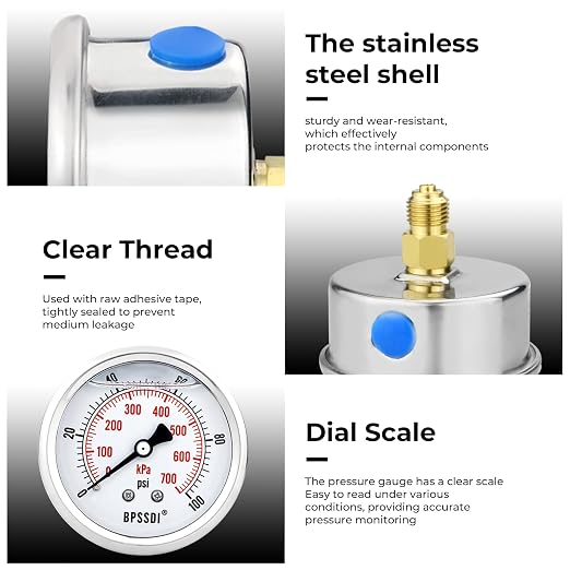 0-100Psi Glycerin Liquid Filled Low Pressure Gauge, 2.5" Dial Size, 1/4" G Back