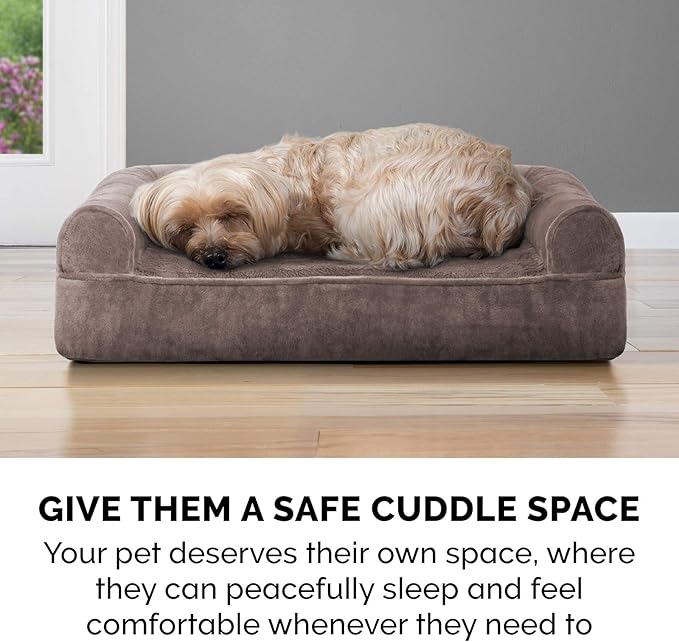 Furhaven Cooling Gel Dog Bed for Large Dogs w/ Removable Bolsters & Washable Cover, For Dogs Up to 125 lbs - Faux Fur & Velvet Sofa - Driftwood Brown, Jumbo Plus/XXL