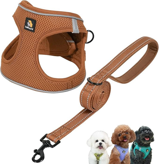BELLA & PAL Step in Vest Harness for Small and Medium Dogs, No Pull Small Dog Harness with Leash Set, Comfortable Air Mesh Dog Vest Harness with Reflective Strip (Mokka, L)