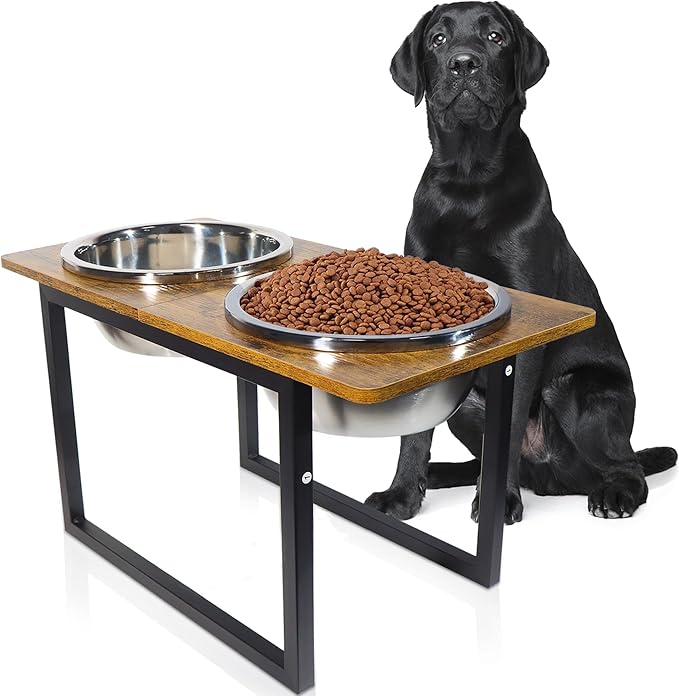 Elevated Dog Bowls for Large & Extra Large Breed Dogs - Raised Dog Feeding Station with Two Stainless Steel Bowls - Helps to Reduce Strain on Dog’s Neck & Joints - 3500 ML Capacity