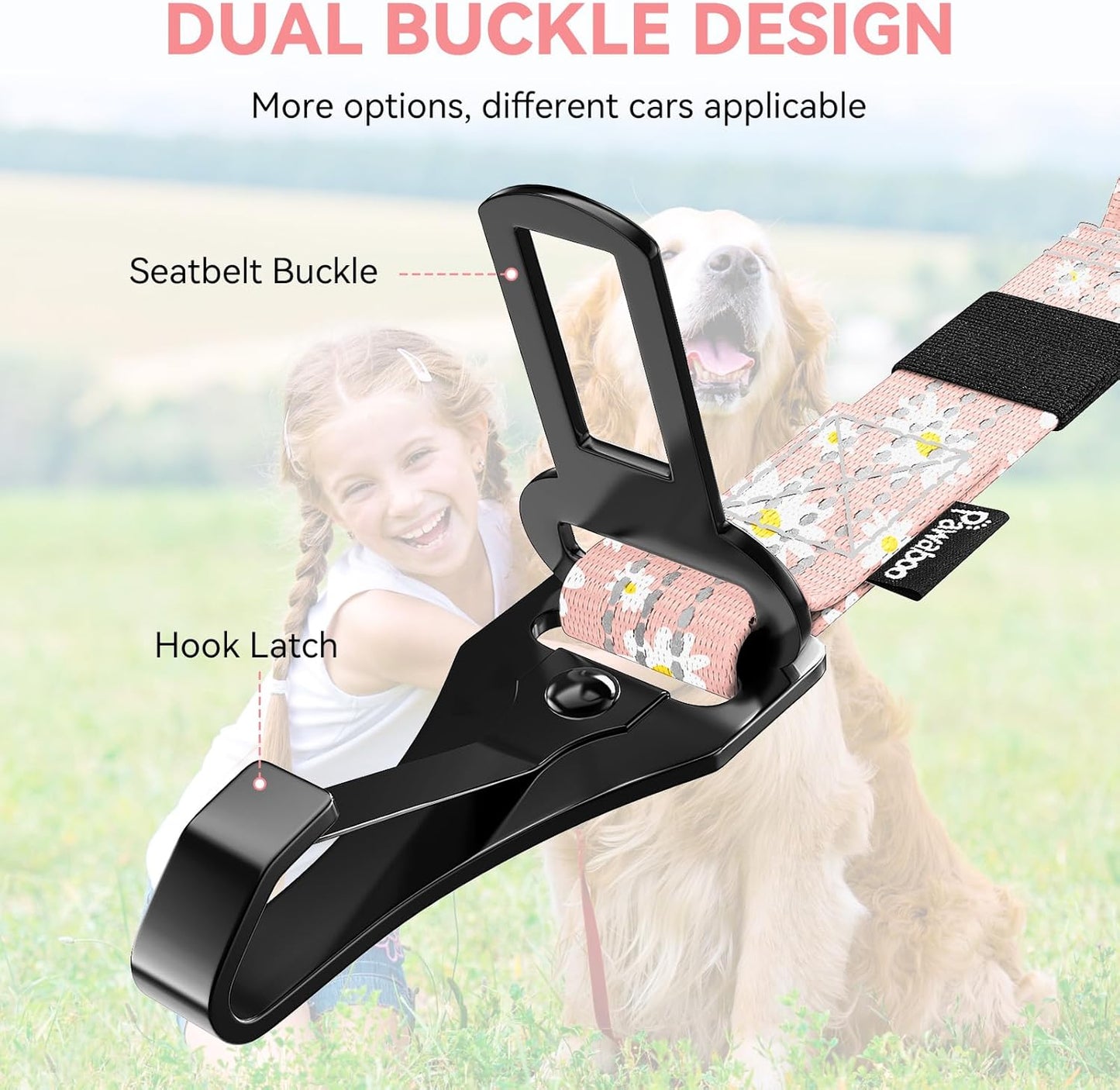 Pawaboo Dog Seatbelt for Car, 3-in-1 Dog Seat Belt Bungee, Shockproof Dogs Tether for Car with Buckle & Hook Latch, Adjustable Reflective Dogs Cars Harness Leash with 360° Lockable Buckle, Light Pink