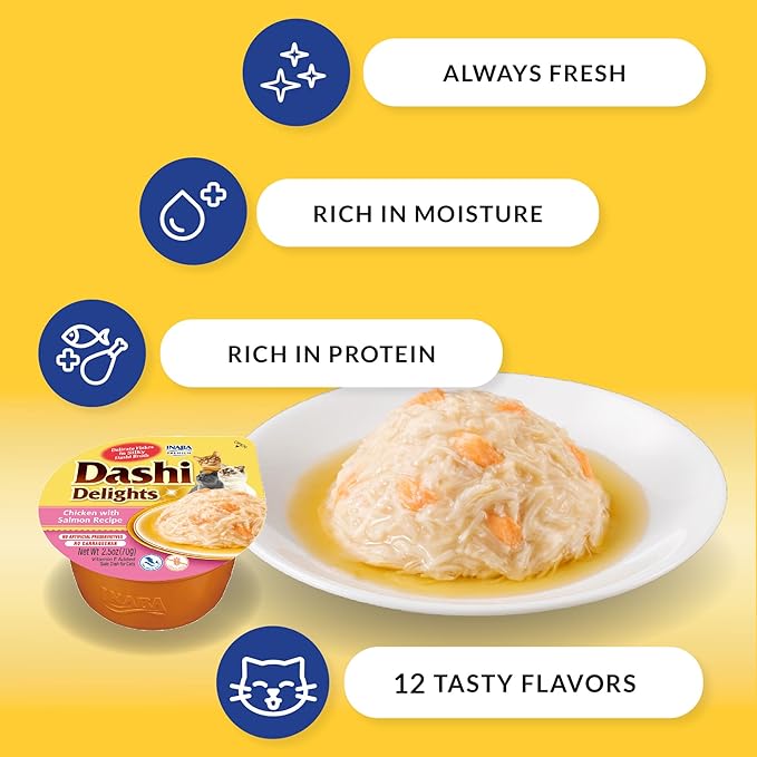 INABA Dashi Delights for Cats, Shredded Chicken with Bonito Flake Broth, 2.5 Ounce Cup, 12 Cups Total, Seafood Variety