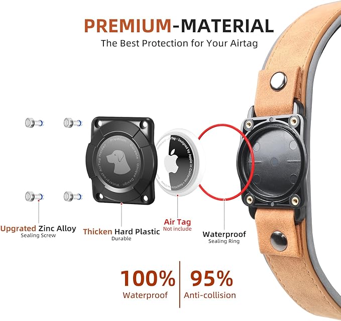 AirTag Dog Collar - Leather Dog Collar with Air Tag Holder | IPX8 Waterproof, Reflective, High - End, Adjustable Soft Padded | Dog GPS Tracker Collars Fit for Medium Large Dogs (Light Brown, L)