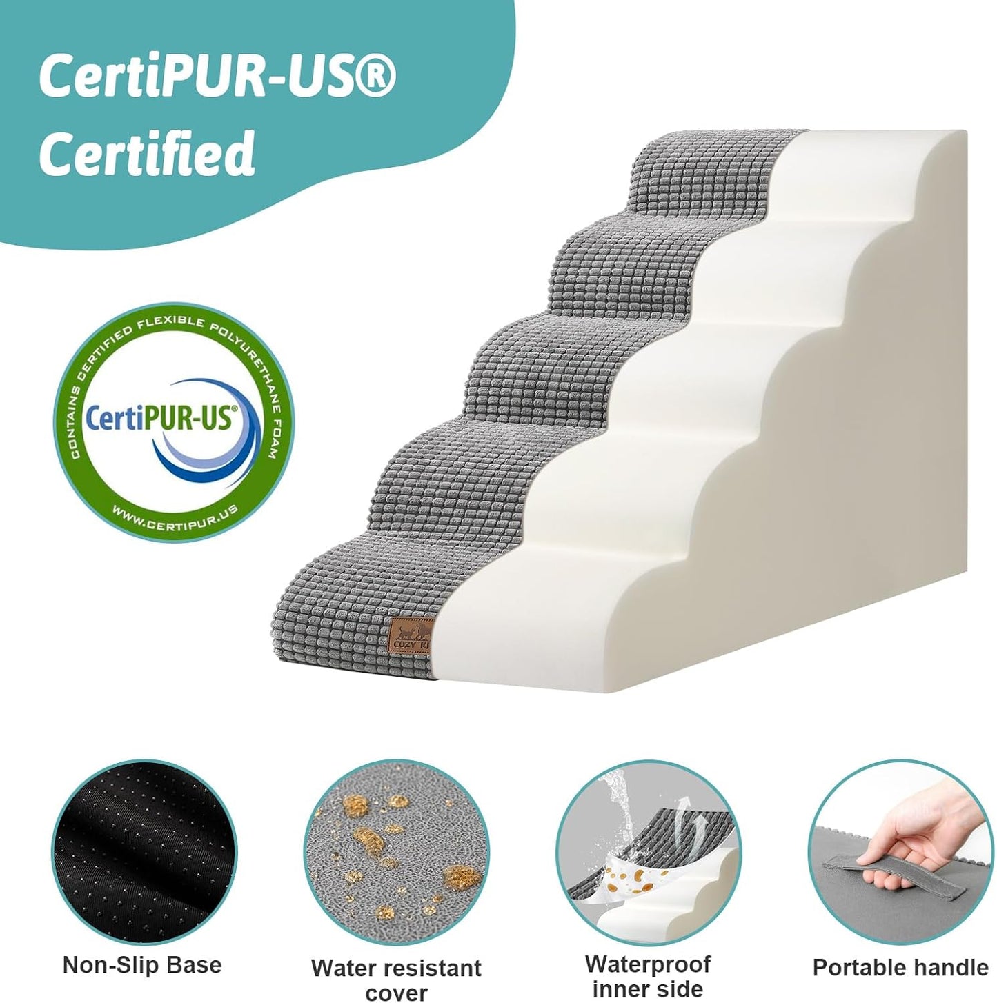 Dog Stairs for High Bed 22.6" H, Small Dog Step for Puppy, Older or Cat, Curved Ramp for Car, Ladder with High Density Foam, Lightweight, Durable, 15.7x33x22.6 inch, 5 Step, Light Grey