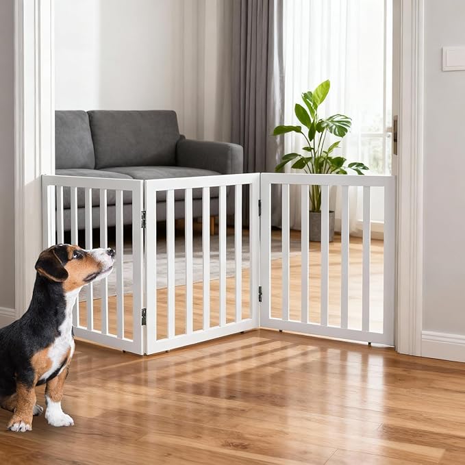 ZJSF Freestanding Indoor Dog Gate for House Foldable Wood White Puppy Gate for Doorways Pet Gate for Stairs Extra Wide Pet Fence 24" Height 3 Panels