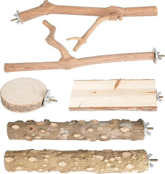 Bird Perch Stand, Pole Standing Natural Wood Bird Perch Set 7PCS Paw Grinding Fork Parrot Cage Branch with Rope Cage Accessories Toys for Parakeets, Cockatiels, Conure, Budgies (Brown 2)