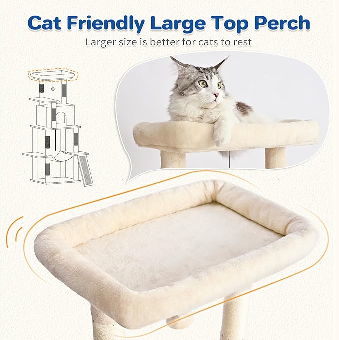 Cat Tree Tower 63in Multi-Level Cat Tower for Indoor Cats with Sisal Scratching Posts, Condo, Hammock, Dangling Ball and Extended Platform for Cats to Play, Beige