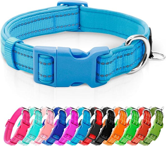 azuza Reflective Dog Collar,Soft Neoprene Padded Pet Collar with ID Tag Ring,Adjustable for Medium Dogs,Sky Blue,M