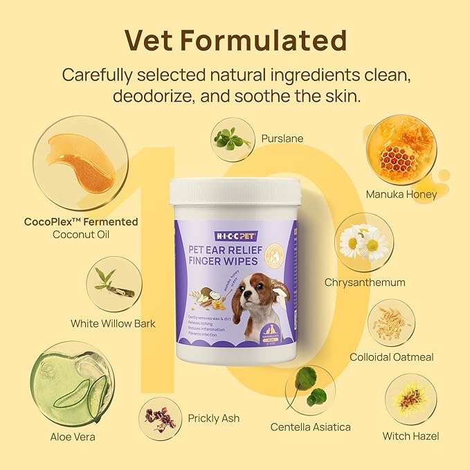 HICC PET Ear Cleaner Wipes for Dogs & Cats, Vet-Recommended Dog Ear Infection Treatment to Relief Itching & Inflammation, Remove Wax, Dirt & Stop Smelly, Cleaning Deodorizing Wipes 50ct(Honey Scent)