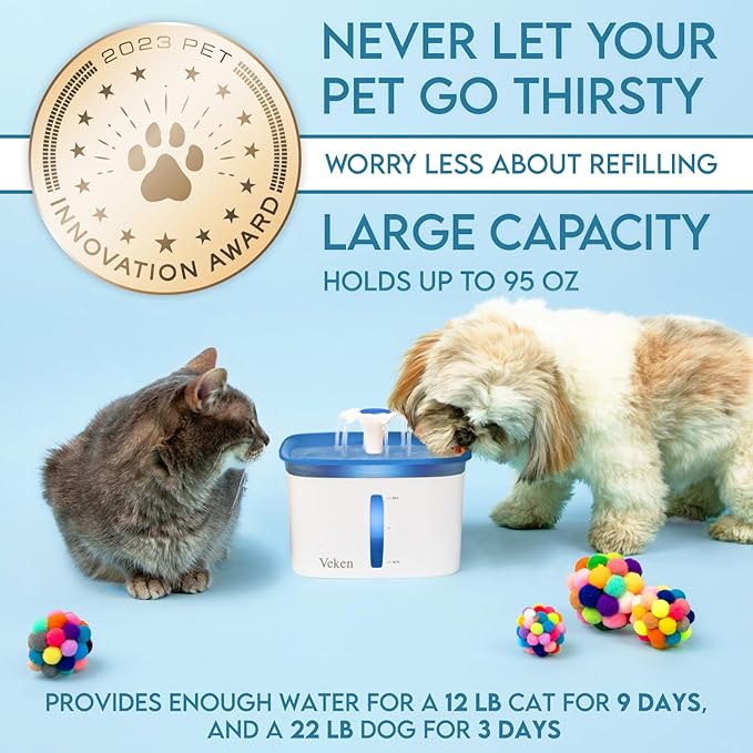 Veken Innovation Award Winner 95oz/2.8L Pet Fountain, Automatic Cat Water Fountain Dog Water Dispenser with Replacement Filters for Cats, Dogs, Multiple Pets (Blue, Plastic)