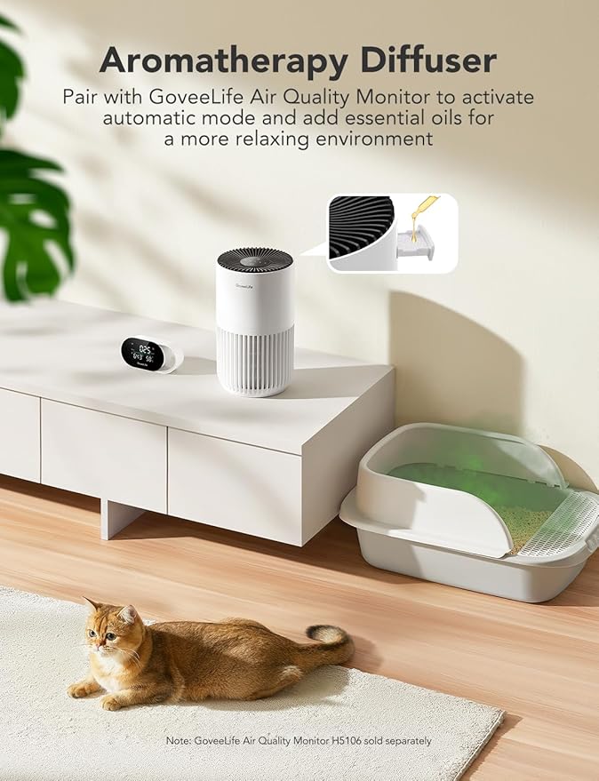 GoveeLife Mini Air Purifier for Bedroom, Smart Filter Air Purifier with App Alexa Control for Pet Hair, Odors, Pollen, Smoke, Portable Air Cleaner with 3 Speeds, 2 Modes, Timer, Aroma for Home