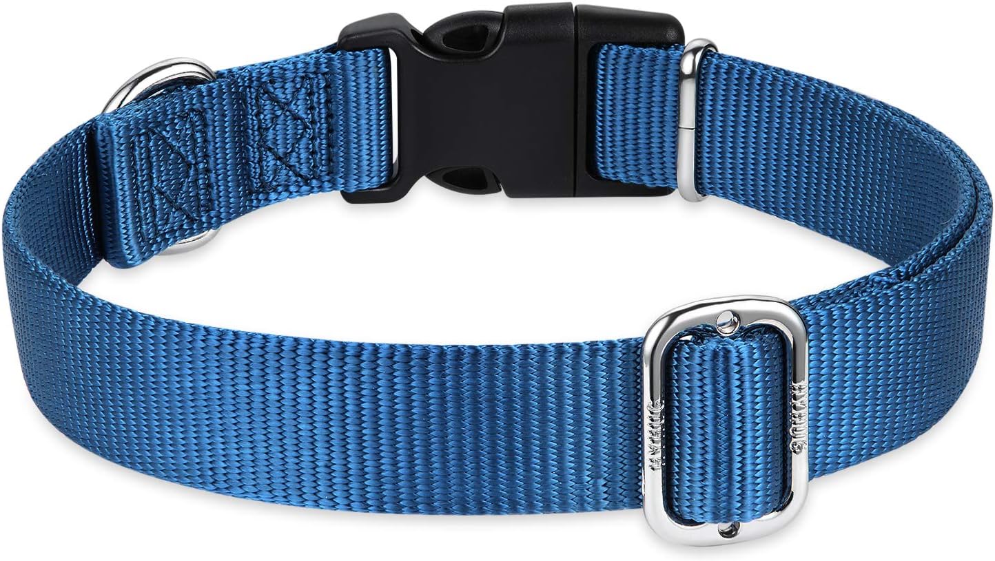 Hyhug Pets Solid Color Classic Regular Heavy Duty Basic Collar Medium Breeds Dogs, Unique Design Adjustment Triglide Slide (Buckle) Can Attached Name Tag Accessories. (Medium, Classic Blue)