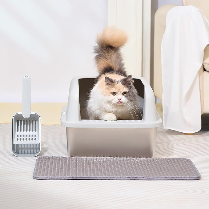 2 Pack Stainless Steel Cat Litter Box with Lid, 24" L x 16" W x 11.8" H, Extra Large Litter Box for Big Cats with High Sided, Anti-Urine Leakage, Easy Cleaning, Include Cat Mat and Scoop