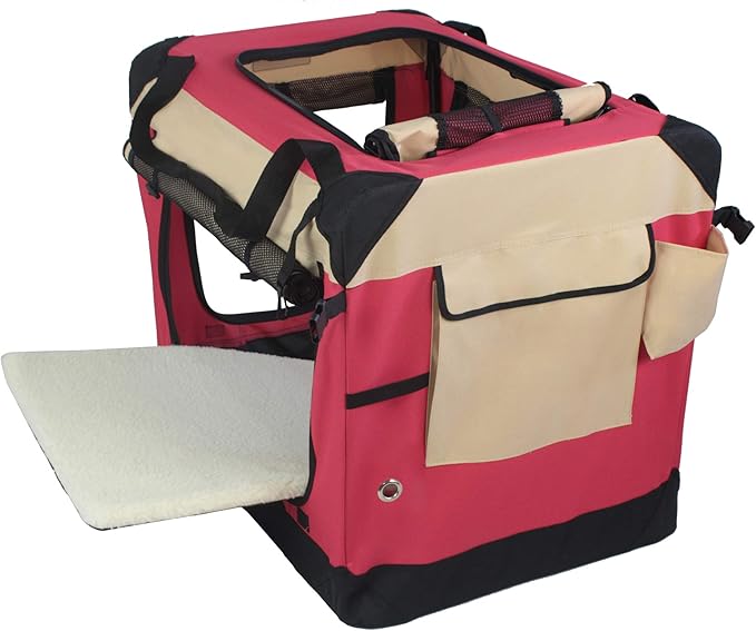 EliteField 4-Door Folding Soft Dog Crate with Curtains, Carrying Bag and Fleece Bed (2 Year Warranty), Indoor & Outdoor Pet Home (30" L x 21" W x 24" H, Red+Beige)