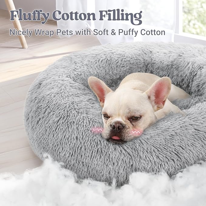 rabbitgoo Dog Bed for Small, 24 inches Machine Washable, Fluffy Donut Pet Bed Anti-Slip, Calming Soft Plush Round Cushion, Fits up to 18 lbs Pets, Light Grey