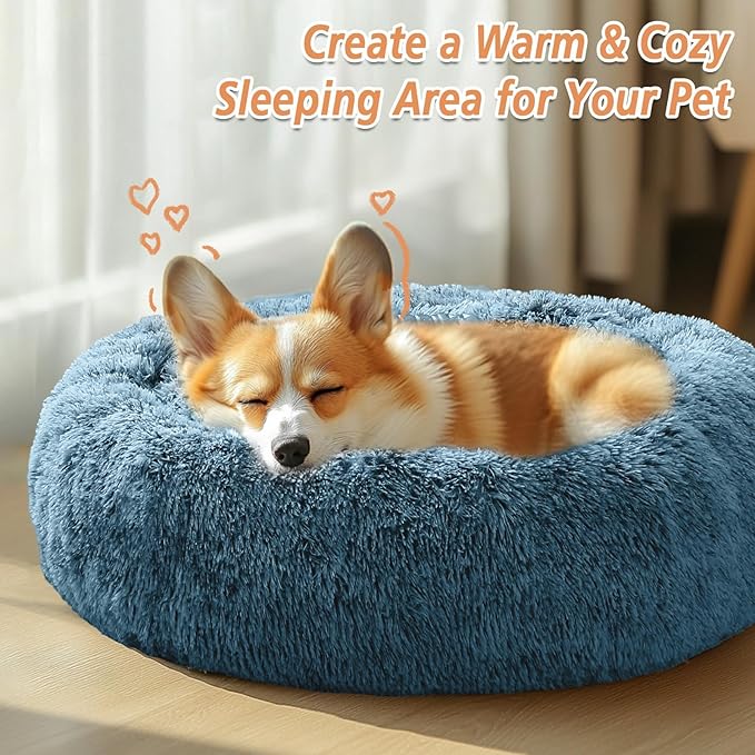 JOLLYVOGUE Calming Dog & Cat Bed for Large Dogs, Anti-Anxiety Donut Cuddler Cozy Soft Round Bed with Anti-Slip Bottom, Fluffy Faux Fur Plush Cushion Beds for Medium Dogs (36")