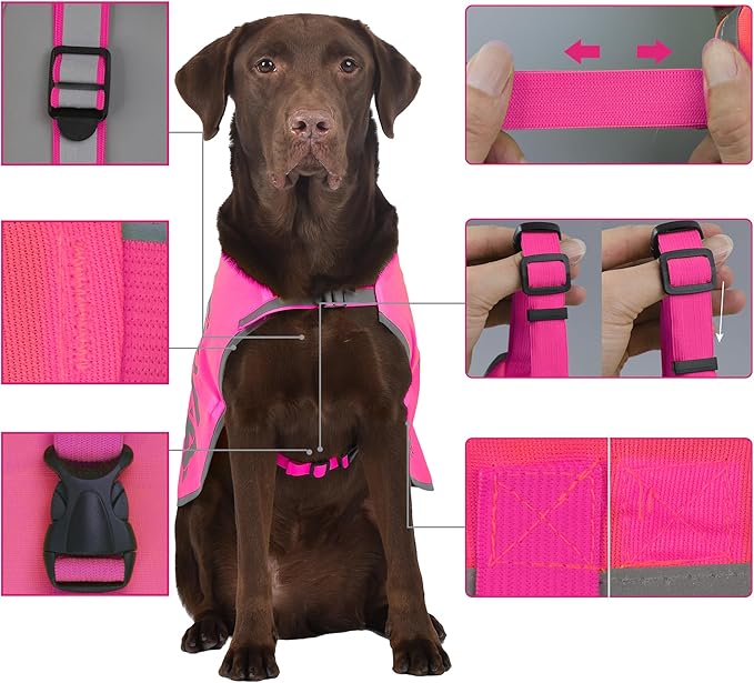 Customize Pink Reflective Dog Vest for XLarge Breeds,High Visibility Dog Safety Vest Harness with Removable Bell Keep Safe from Hunting, Training & Cars Accidents