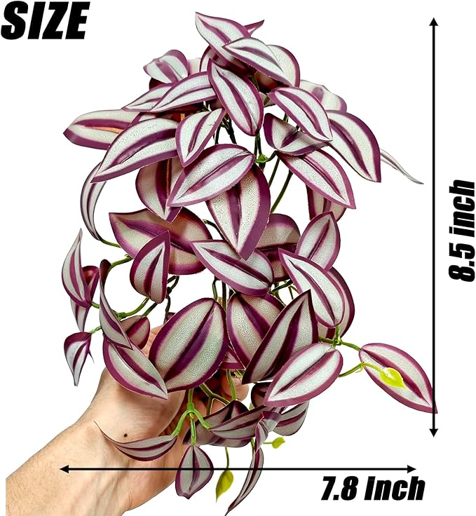 Woyrise 2 Pack Reptile Plants, Terrarium Hanging Plant Vines, Artificial Leaves with Suction Cup, Bearded Dragon Tank Accessories for Gecko Lizard Snake Frog Tortoise Decorations - Zebrina Purple