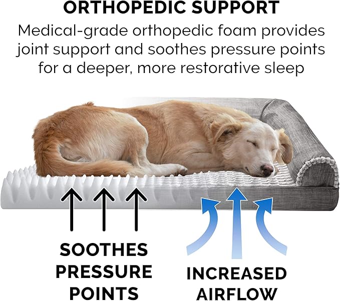 Furhaven Orthopedic Dog Bed for Large Dogs w/ Removable Bolsters & Washable Cover, For Dogs Up to 95 lbs - Luxe Faux Fur & Performance Linen Sofa - Charcoal, Jumbo/XL