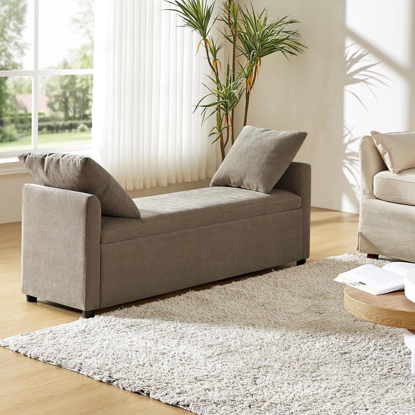HULALA HOME Modern Storage Bench with Throw Pillows, 59.4" Extra Long Bedroom Ottoman Bench for End of Bed, Comfy Upholstered Footstool for Entryway Dining Room Living Room, Brown
