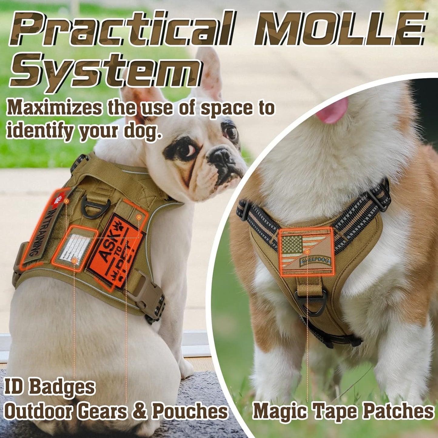 rabbitgoo Tactical Dog Harness Medium Sized Dog, No Pull Military Service Vest with Handle & Molle, Easy Control for Training Walking, Adjustable Reflective Straps, Brown, M