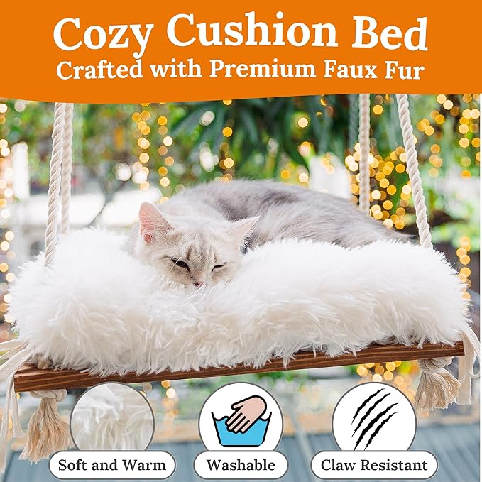 Cat Window Perch - Hammock Bed for Cats Inside - Solid Wood Seat, 4 Strong Suction Cups, Soft Cushion - Rustic Indoor Pet Shelf