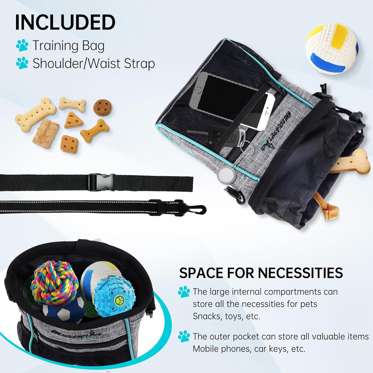 Dog Treat Pouches Training Walking Bag with Shoulder Strap, Large Space for Pets Food, Polyester Fabric, 3-Way Wearing Design, Portable Pet Bagand Easy to Clean, Black with Grey
