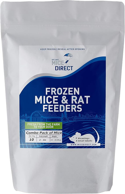 MiceDirect 10 Frozen Mice Combo Pack of 5 Weanlings and 5 Small Adult Feeders Snake Food for Mice for Adult Sand Boa Corn Milk Snakes (2-3 in)(Pack of 10)(160 Grams Min)