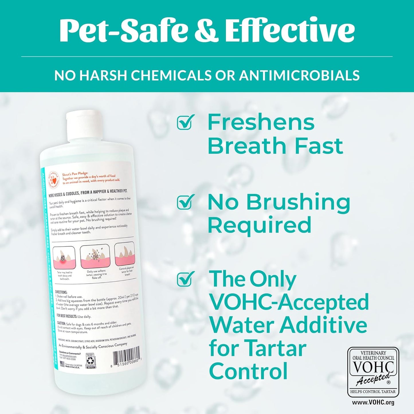 SKOUT'S HONOR Fresher Breath Water Additive for Pets - VOHC Accepted for Tartar Control, Freshens Breath Fast, No Brushing Required, 32 oz, 2-Pack