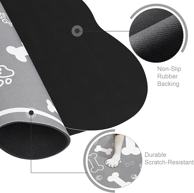 Dog Cat Food Mat,Rapid Absorbent Pet Feeding Mat, Bone Shaped Dog Placemat Water Bowl Mat with Rubber Backing,No Stains Dog Cat Food Mats Indoor, Pet Accessories Supplies 16"×24" Grey