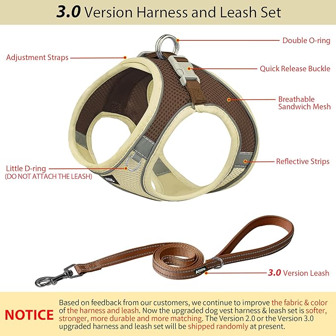 AIITLE No Pull Dog Harness and Leash Set, Step in Adjustable Dog Harness with Padded Vest for All Weather, Dog Leash with Soft Padded Handle, Easy to Put on Small and Medium Dogs Beige S