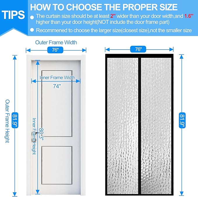 RELIANCER Magnetic Thermal Insulated Door Curtain,Waterproof EVA Door Cover,Fit Doors Size Up to 74"x80",Temperature Protection Insulated Doorway Curtain Partition,Patio Self-Closing Doors Net Screen