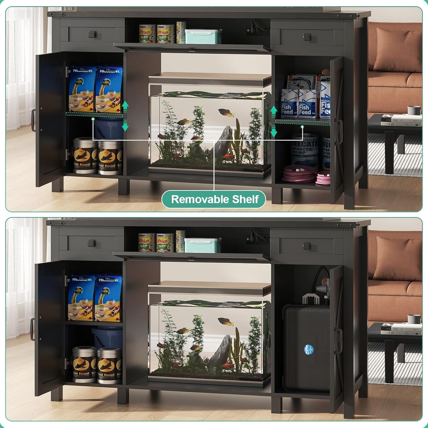 55-75 Gallon Aquarium Stand With Charging Station, Farmhouse Fish Tank Stand, Reptile Tank Stand Terrarium Stand with Drawer and Cabinet Storage, Sturdy Heavy Duty 53.5"×19.7" Tabletop - Black