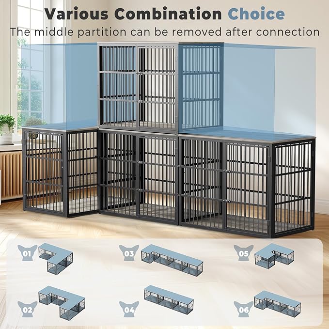 Lyromix 48'' XXL Dog Crate Furniture with 3 Doors, Wooden Crate End Table Heavy Duty Indoor Combination Cage for Medium to Large Dogs, Multiple Units Can be Combined, Grey