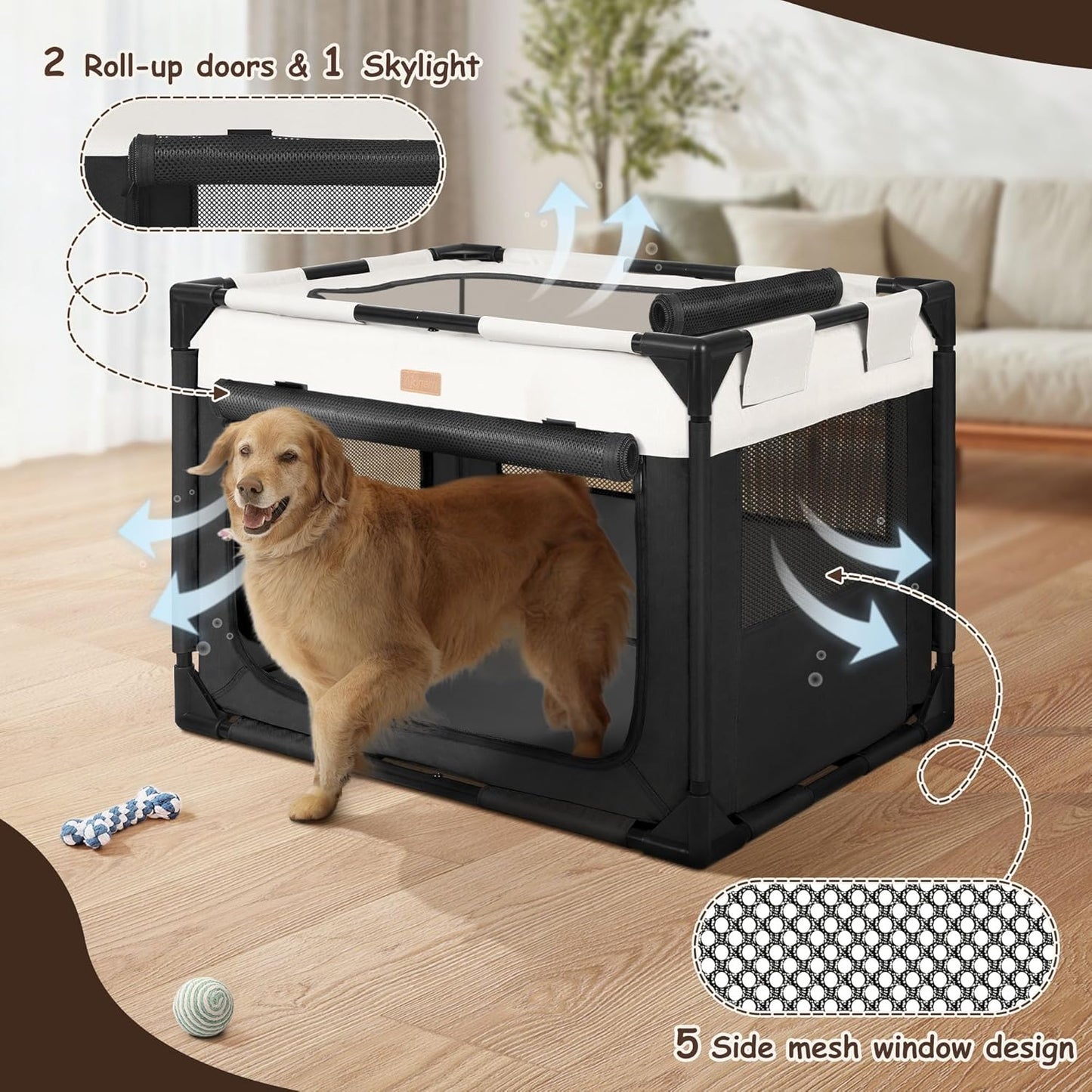 Dog Crate - Soft Pet Kennel for Dogs/Cats, 3-Door Breathable Travel Cage with Mesh Window, Portable Dog Kennel for Indoor & Outdoor, Black-L