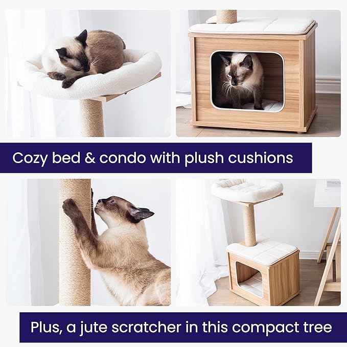 Catry 29.7" Tall 3 Level Laminated Wood Cat Tree with Large Base Condo, 2 Paded Steps, Natural Jute Scratching Post, Sturdy and Easy to Assemble for Small Cat, Brown