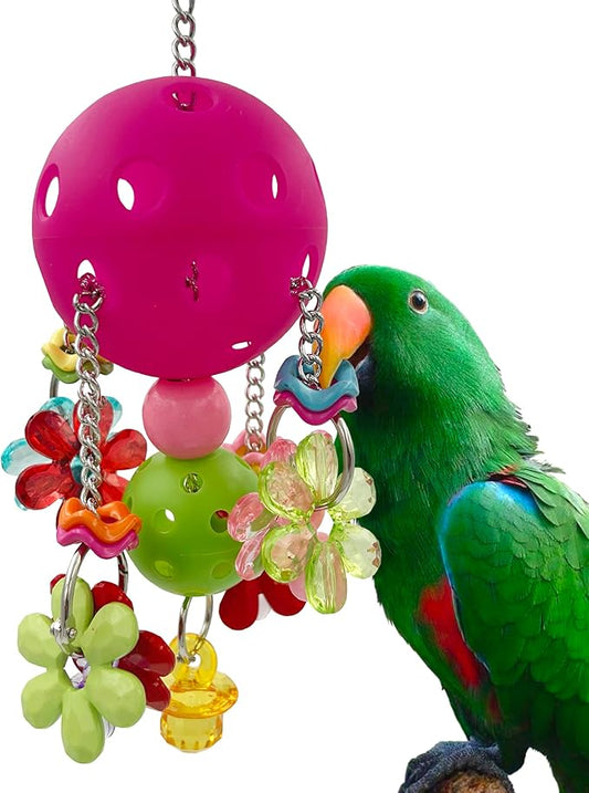 Pullable Bird Plastic Ball Toys with Acrylic Pacifiers and Flowers, Colorful Parrot Toys for Medium and Large Parrot Quaker Monk Parakeet Sun Conures (Rose red)